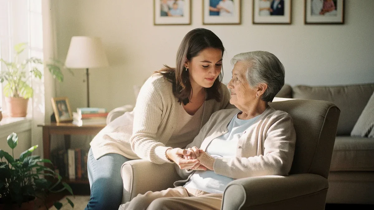 Adult daughter sitting beside elderly parent resting in an armchair in a bright residential living room, warm afternoon light