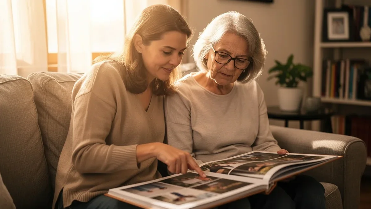 Adult daughter sitting with elderly mother in a bright residential living room, both looking at a family photo album together in warm afternoon light