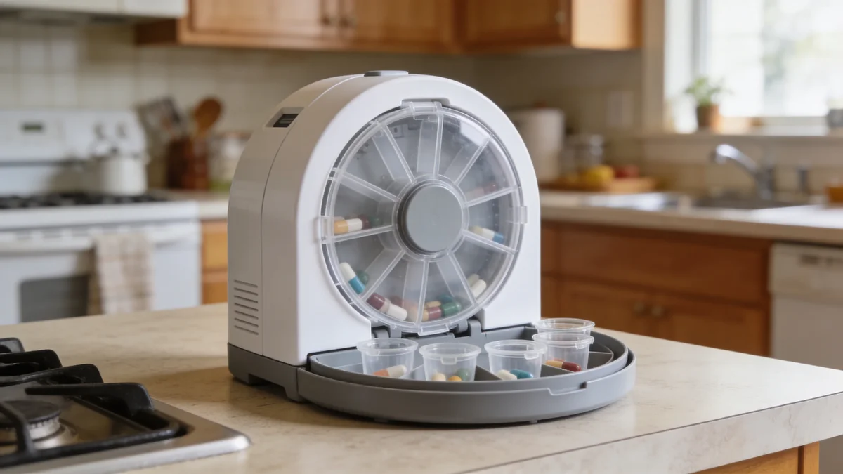 Elderly man sitting at kitchen table with an automatic pill dispenser, adult son standing nearby