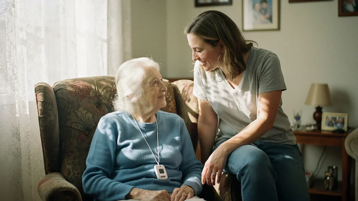 Elderly woman in a floral armchair wearing a medical alert pendant, smiling at her daughter beside her in a warm home living room