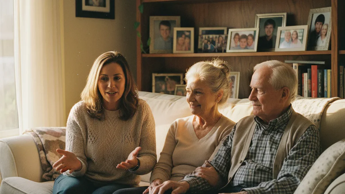 Adult daughter sitting in a living room with her two elderly parents, warm late afternoon light, candid family moment