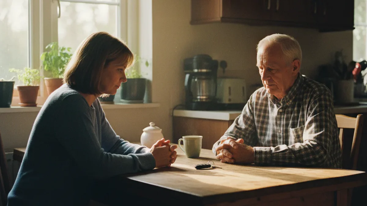 Adult daughter and elderly father sitting across from each other at a kitchen table in a serious but calm conversation, car keys resting on the table between them, warm morning light