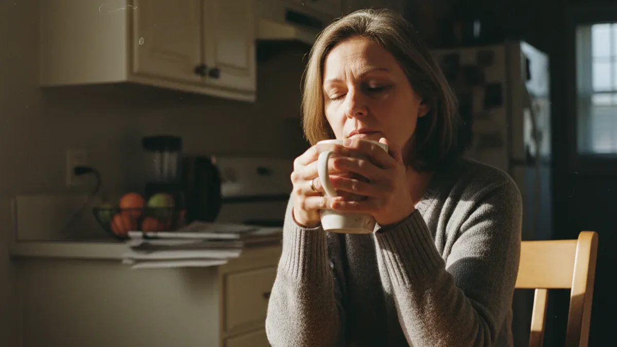 Woman in her 50s sitting alone at a kitchen table with a coffee mug, eyes closed, expression of exhaustion in warm morning light