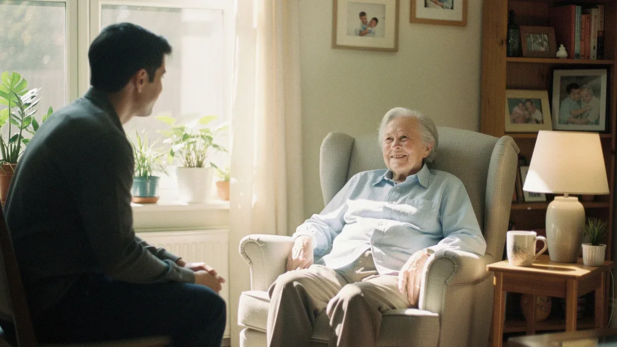 Elderly parent seated comfortably in an armchair in a bright residential living room, adult child sitting nearby with an attentive expression in warm afternoon light