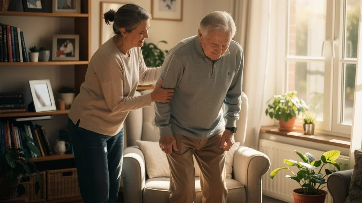Adult child gently helping elderly father stand up from armchair in a warm residential living room