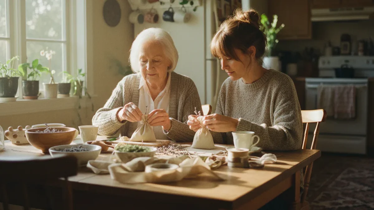 Elderly mother and adult daughter sitting together at a kitchen table doing a calm activity, warm morning light, residential home setting