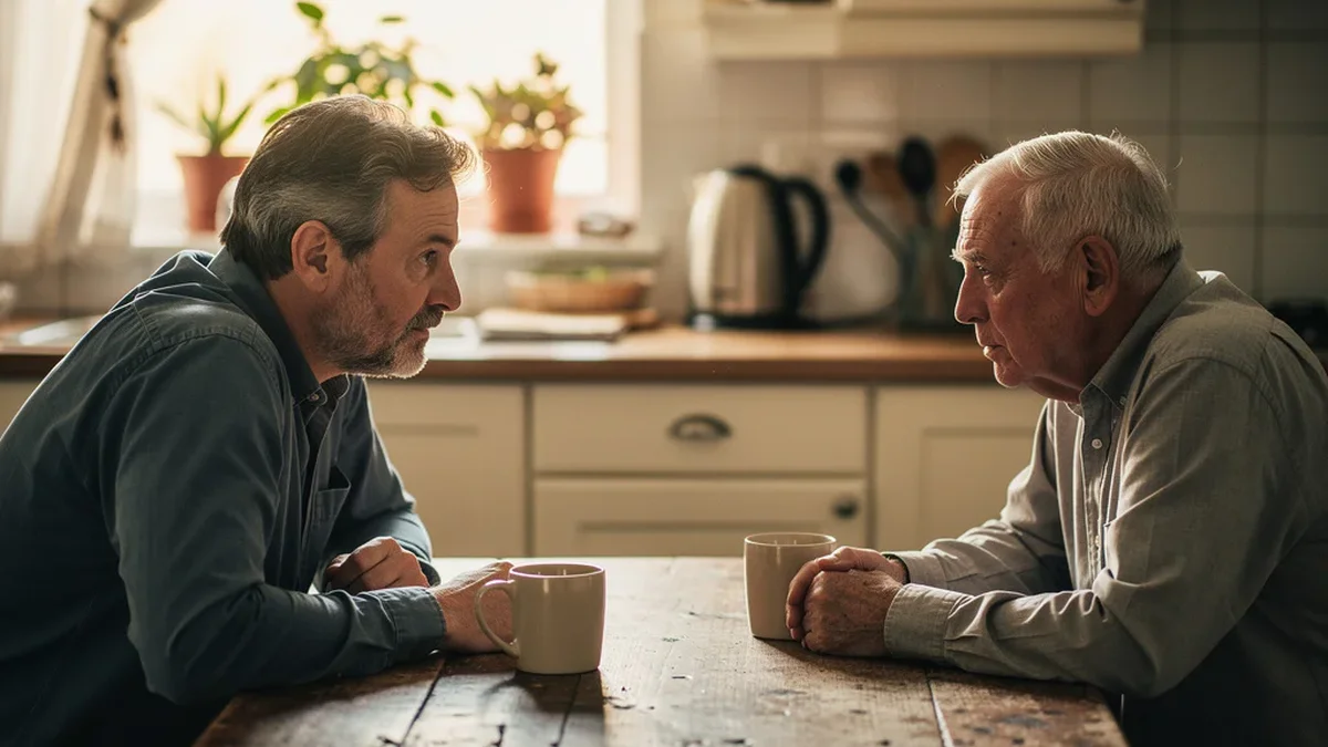 Adult son in his 50s sitting across from elderly father at a kitchen table, having a calm conversation in warm morning light