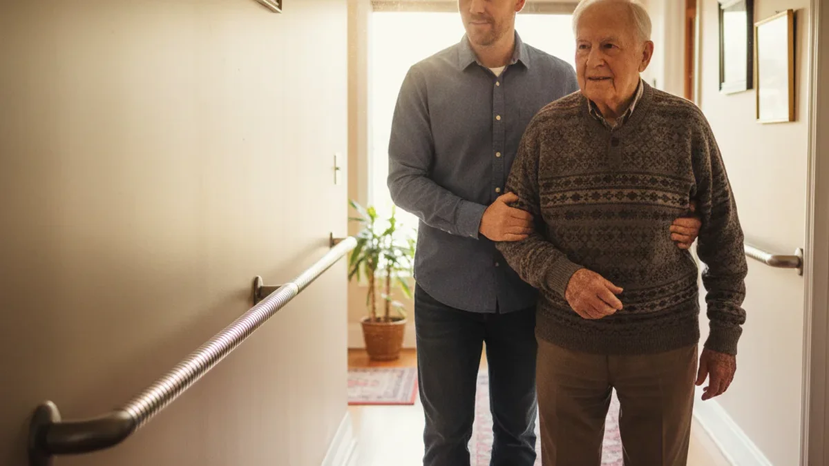 Adult son helping elderly father walk carefully through a bright residential hallway with a grab bar visible on the wall