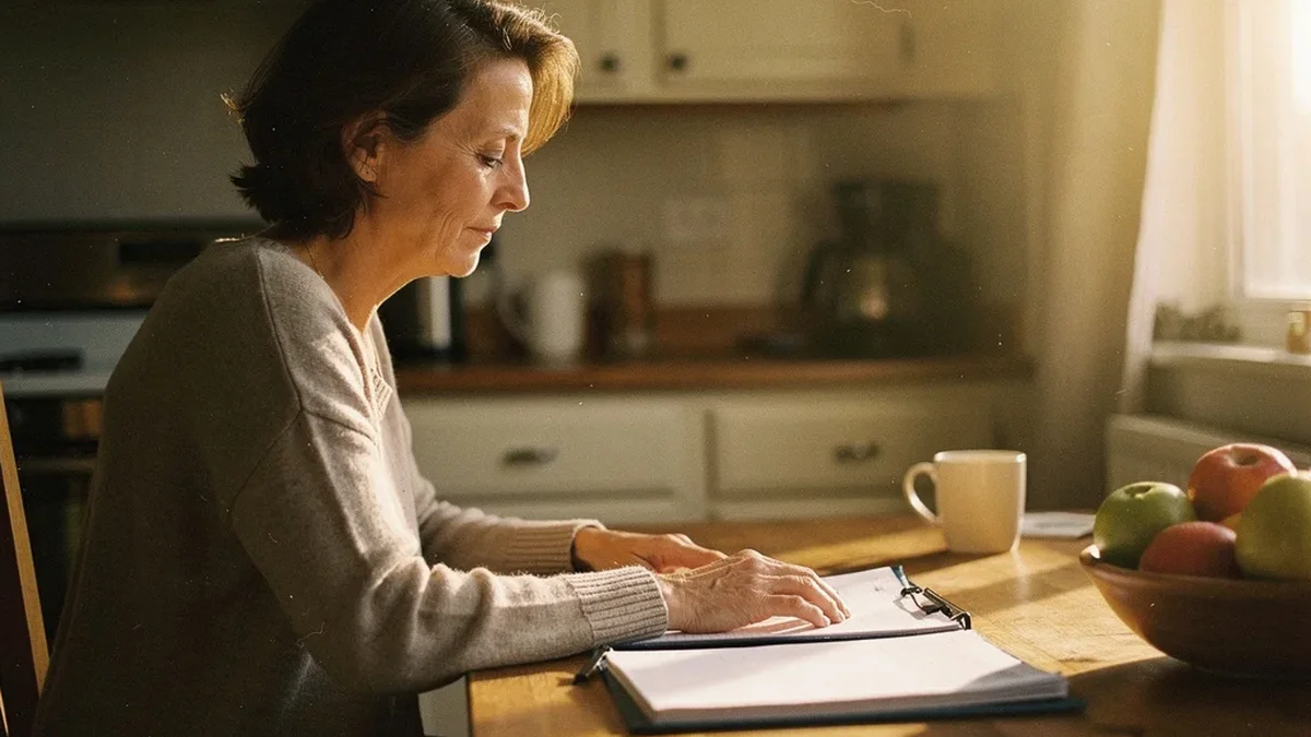 Woman in her 40s sitting at kitchen table with folder of papers and notepad, focused calm expression, warm morning window light