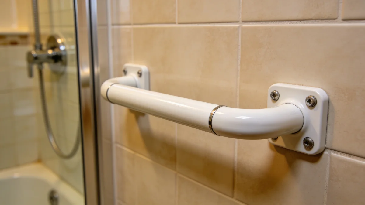 White stainless steel grab bar mounted on a beige tiled bathroom wall beside a walk-in shower