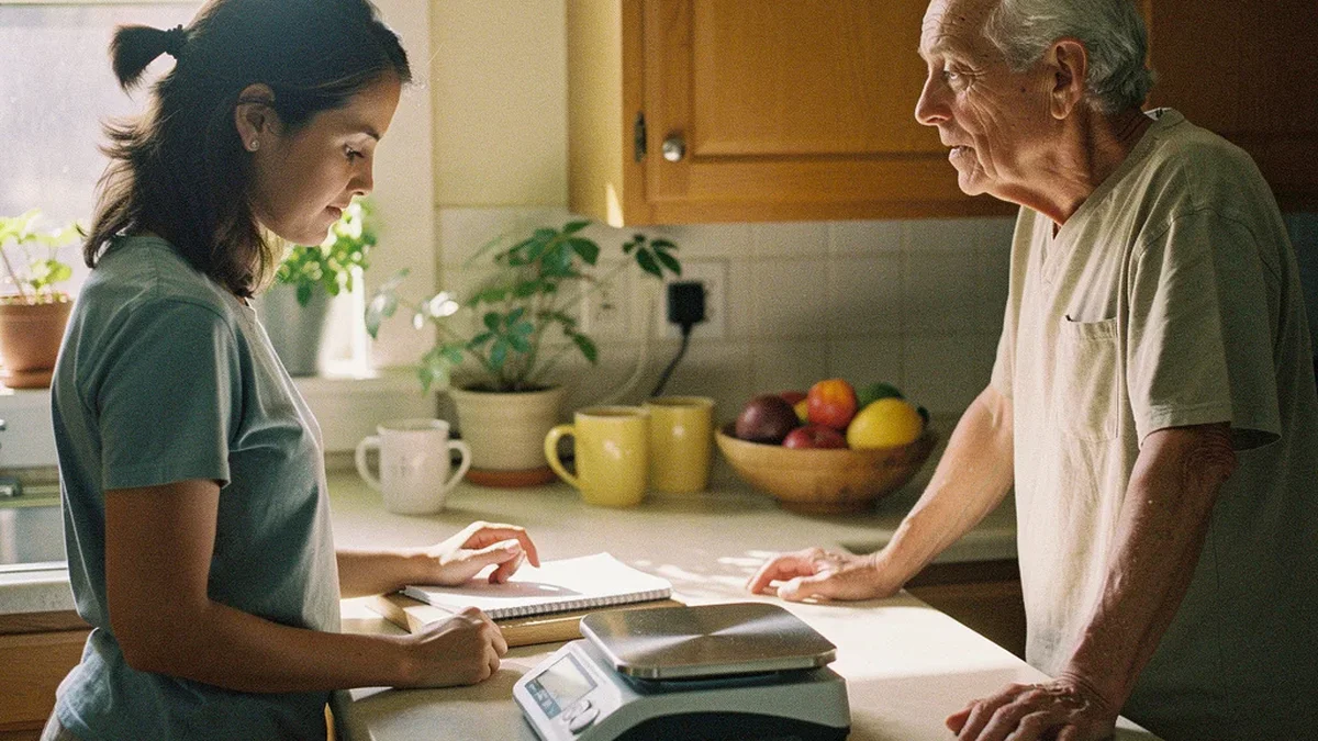 Adult daughter and elderly father in a bright residential kitchen, daughter looking at a notepad with a small digital scale on the counter nearby, warm morning light