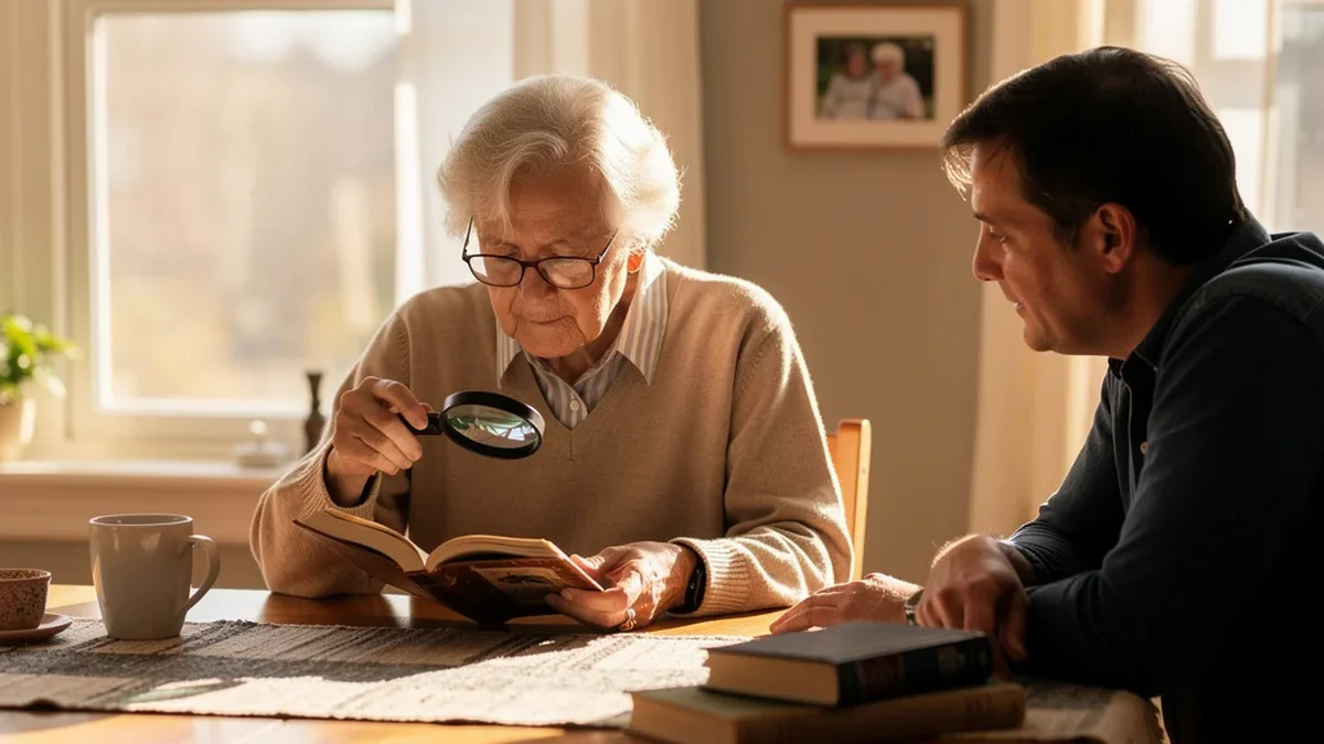 Elderly parent reading with a magnifier at a bright well-lit table, adult child seated nearby in a warm residential home setting