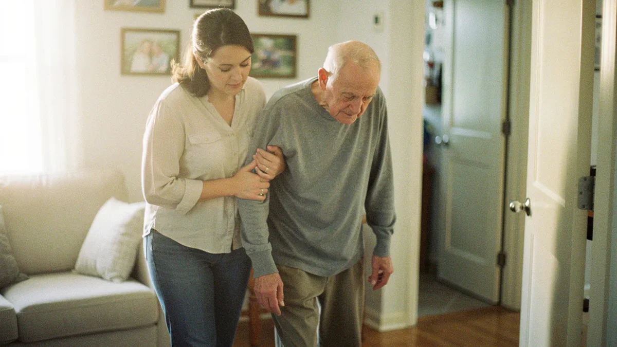 Adult daughter and elderly father walking through a residential living room, daughter looking at the floor and doorway with a warm attentive expression
