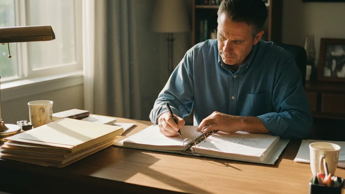Adult son in his 40s sitting at a home desk with a binder and folders, writing notes by warm afternoon window light