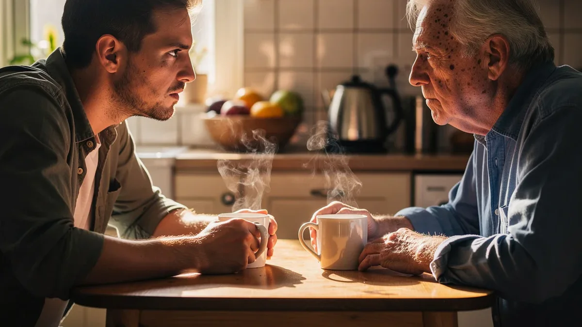 Adult son and elderly father having a calm conversation over coffee at a kitchen table
