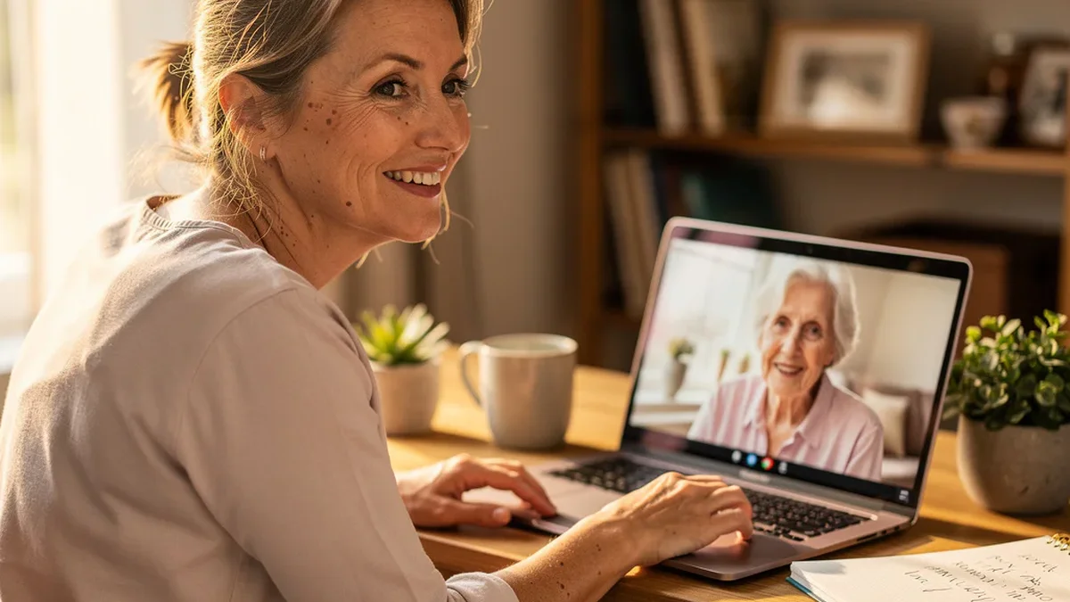 Adult woman in her 40s at a home desk, video calling her elderly mother on a laptop