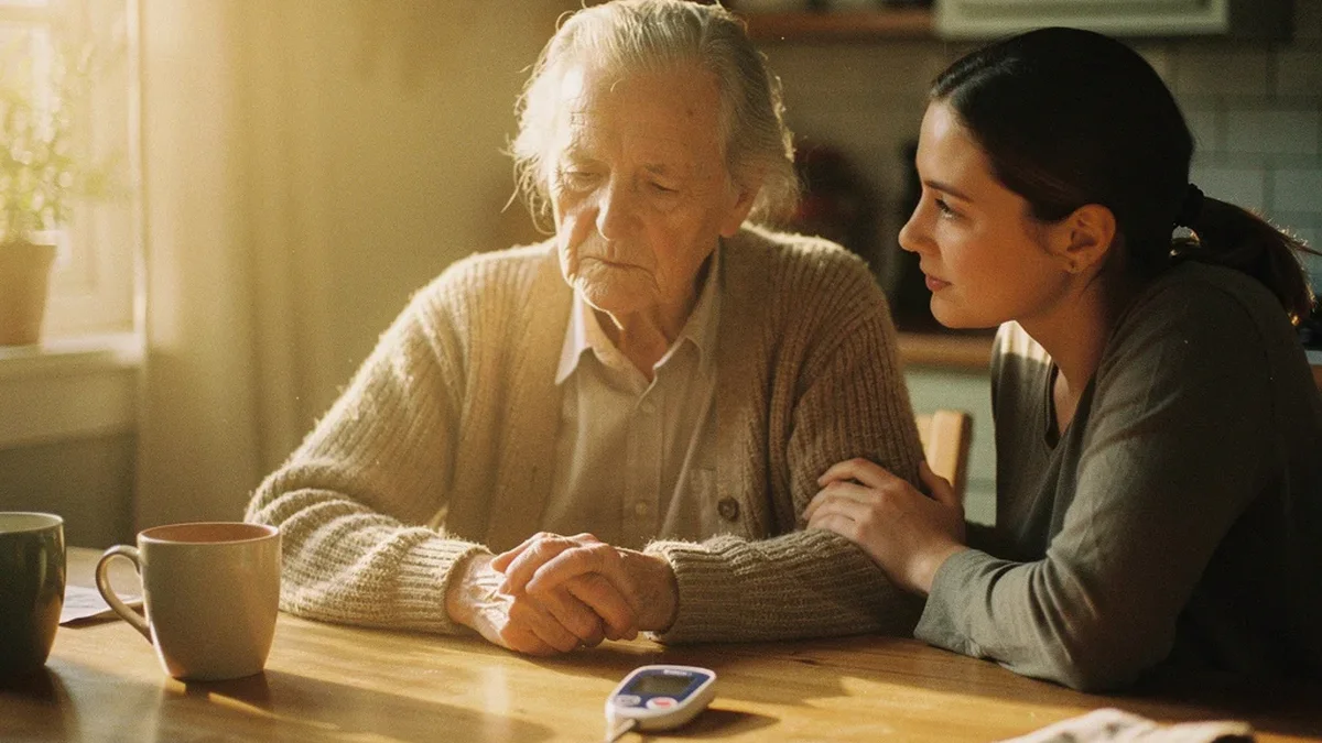 Elderly parent at kitchen table with adult daughter, glucose meter nearby on table, warm morning residential kitchen light, calm attentive moment