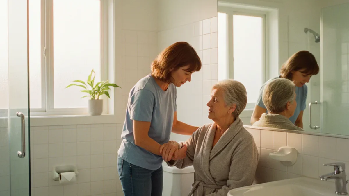 Adult daughter in attentive posture with elderly mother seated in a bright residential bathroom, warm morning light