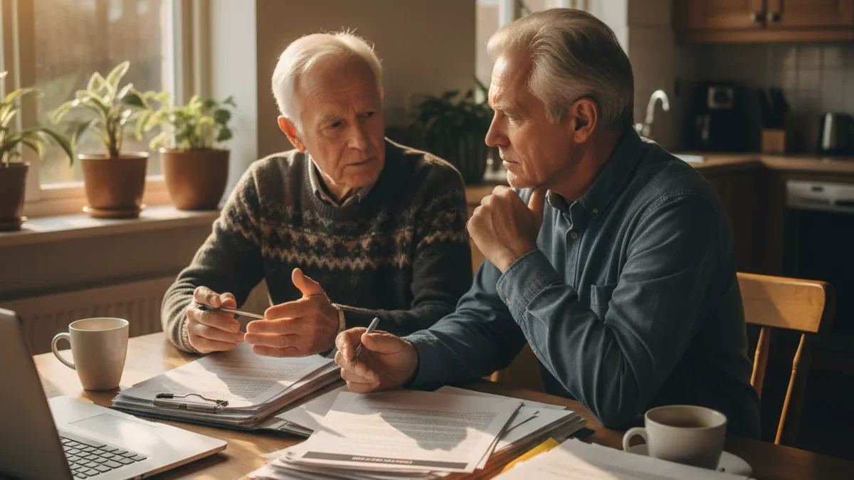 Adult son and elderly father at kitchen table reviewing documents in serious planning conversation, warm afternoon residential light