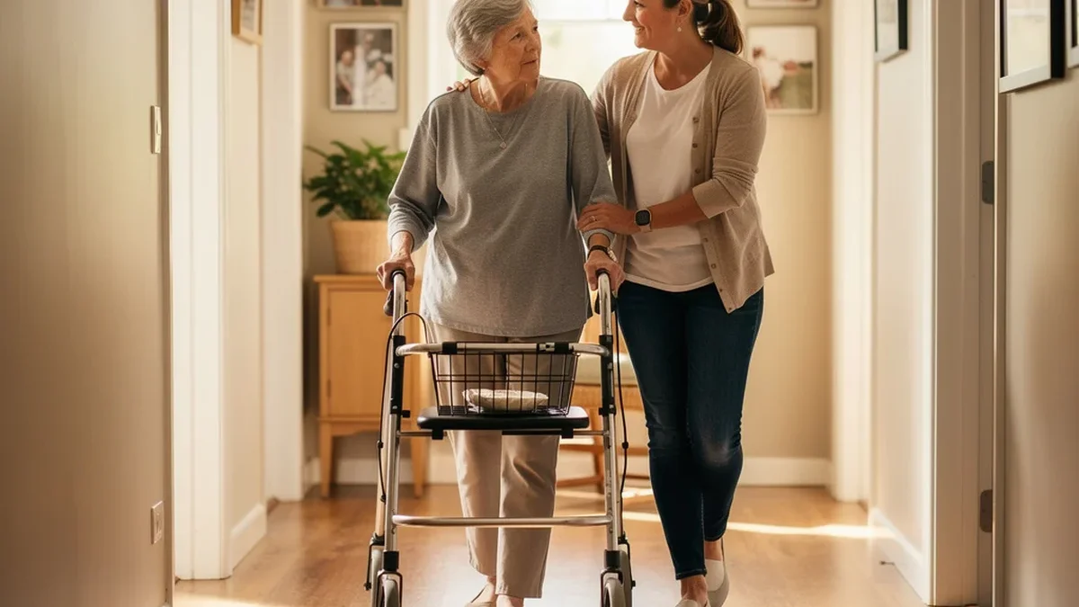 Elderly woman using a silver rollator walker in a sunny residential hallway, adult daughter walking beside her