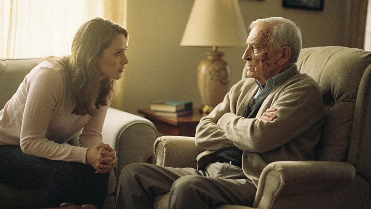 Elderly man sitting in an armchair with arms crossed while his adult daughter sits across from him with a gentle, concerned expression in a warm home living room