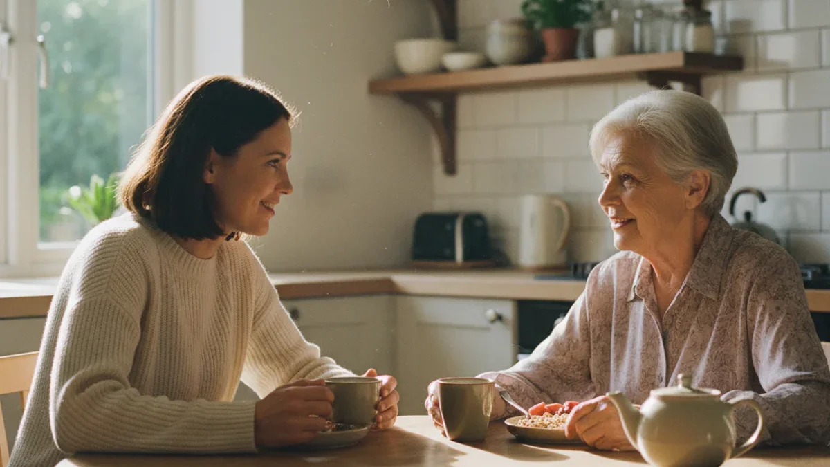 Adult daughter sitting across from elderly mother at a kitchen table sharing a quiet meal together, warm morning residential kitchen light, small portions on plate