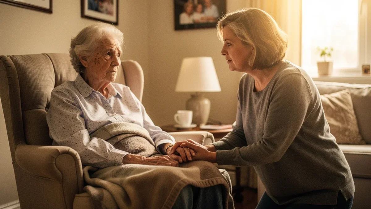 Adult daughter visiting elderly mother at home, sitting beside her with a calm and caring expression in a warm residential living room