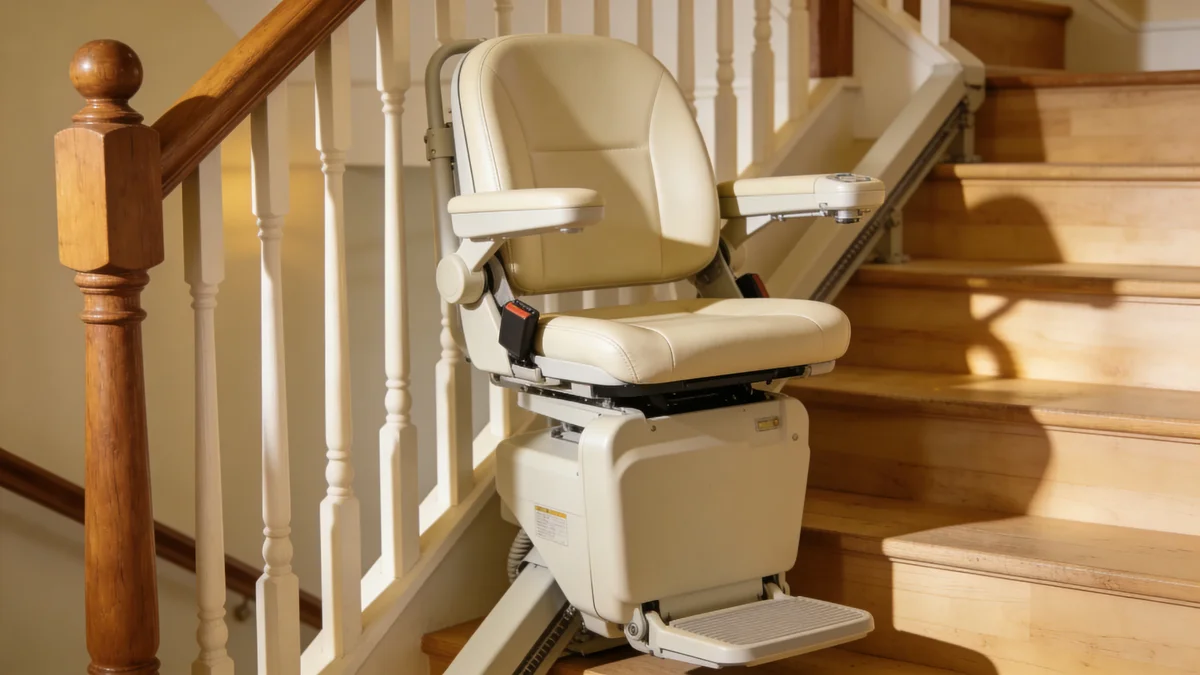 Cream-colored stair lift chair mounted on a residential staircase with a wooden banister and warm interior lighting