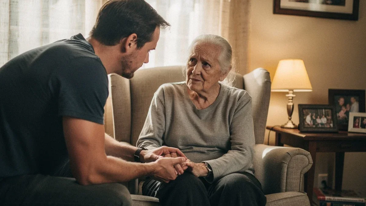 Adult child kneeling beside elderly parent in an armchair, calm and attentive conversation, warm residential living room with soft natural light