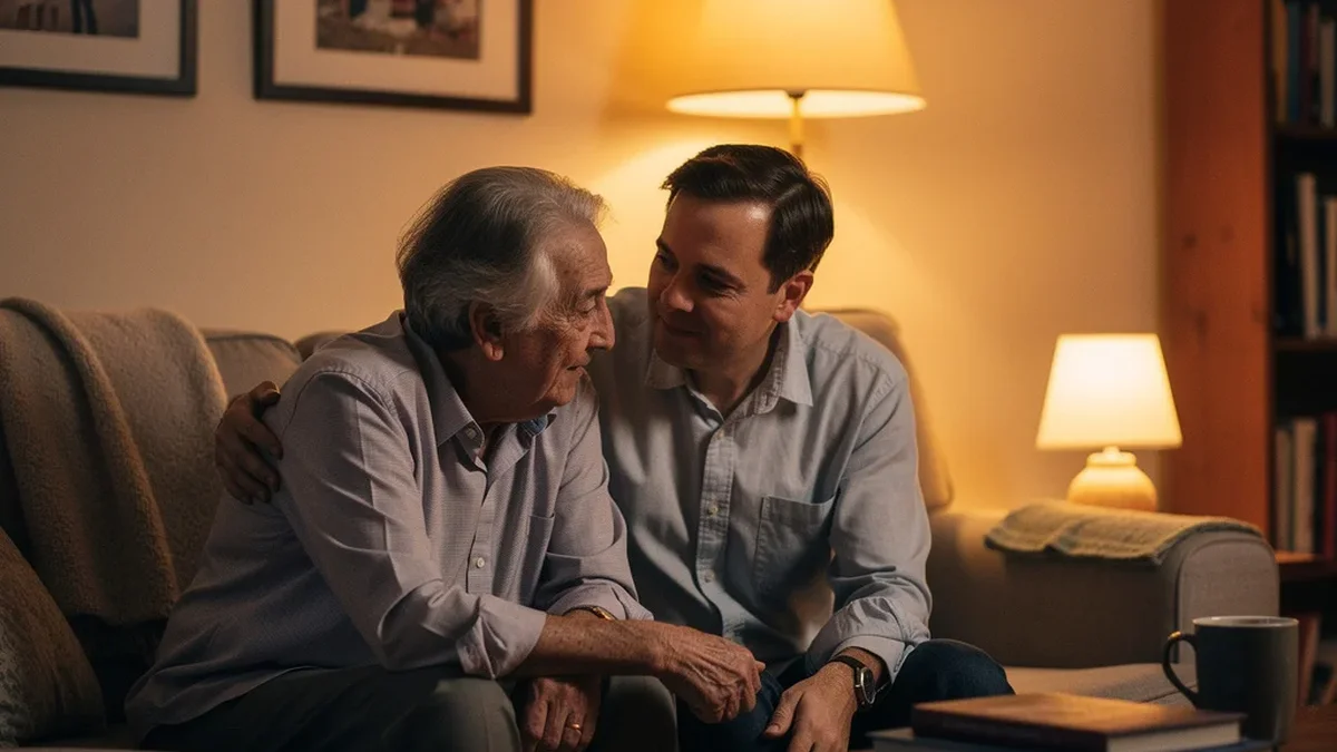 Elderly parent and adult child sitting close together in a warm home living room, having a quiet attentive conversation in evening lamp light