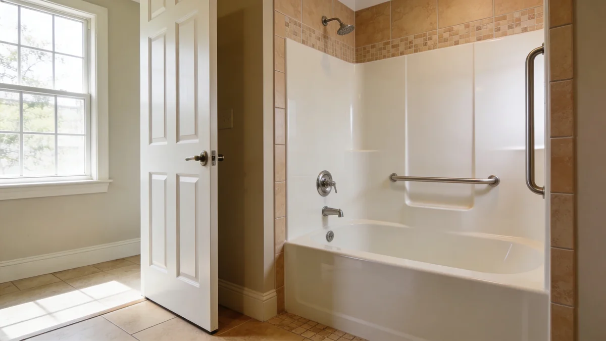 Modern walk-in shower with grab bars and built-in seat in a residential bathroom