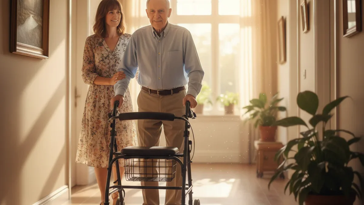 Elderly man walking with a rollator walker in a bright residential hallway, adult daughter walking alongside him with an encouraging expression, warm afternoon window light