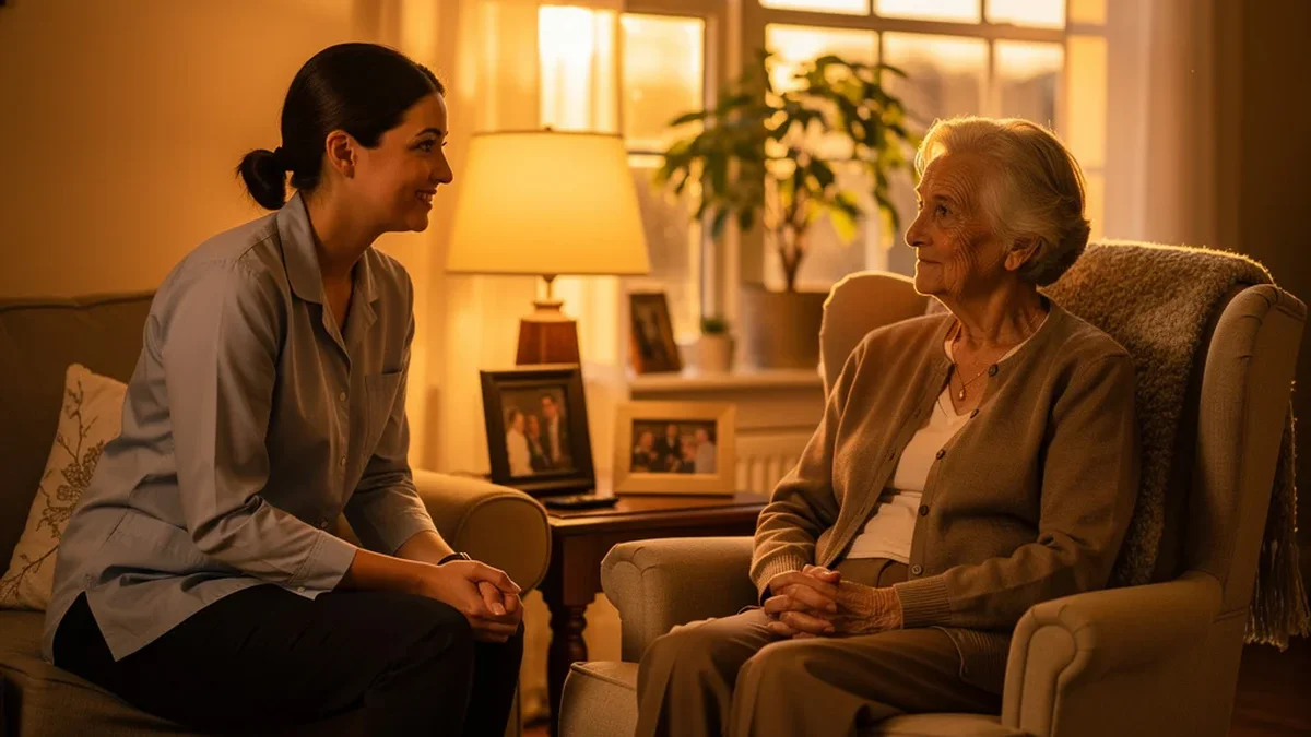 Elderly parent sitting in a living room in late afternoon warm lamp light, adult caregiver sitting nearby with calm and attentive expression