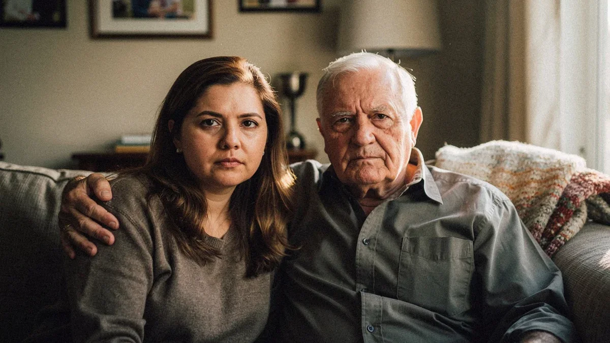 Adult daughter sitting beside her elderly father on a sofa, arm gently around his shoulders, both with calm serious expressions in a warm residential living room