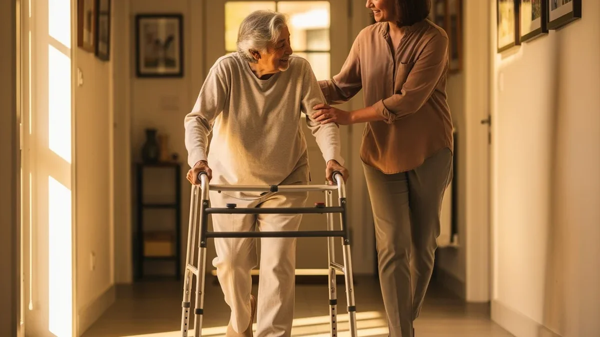 Elderly parent walking slowly with a walker in a bright residential hallway, adult child walking alongside with a supportive hand, warm afternoon light
