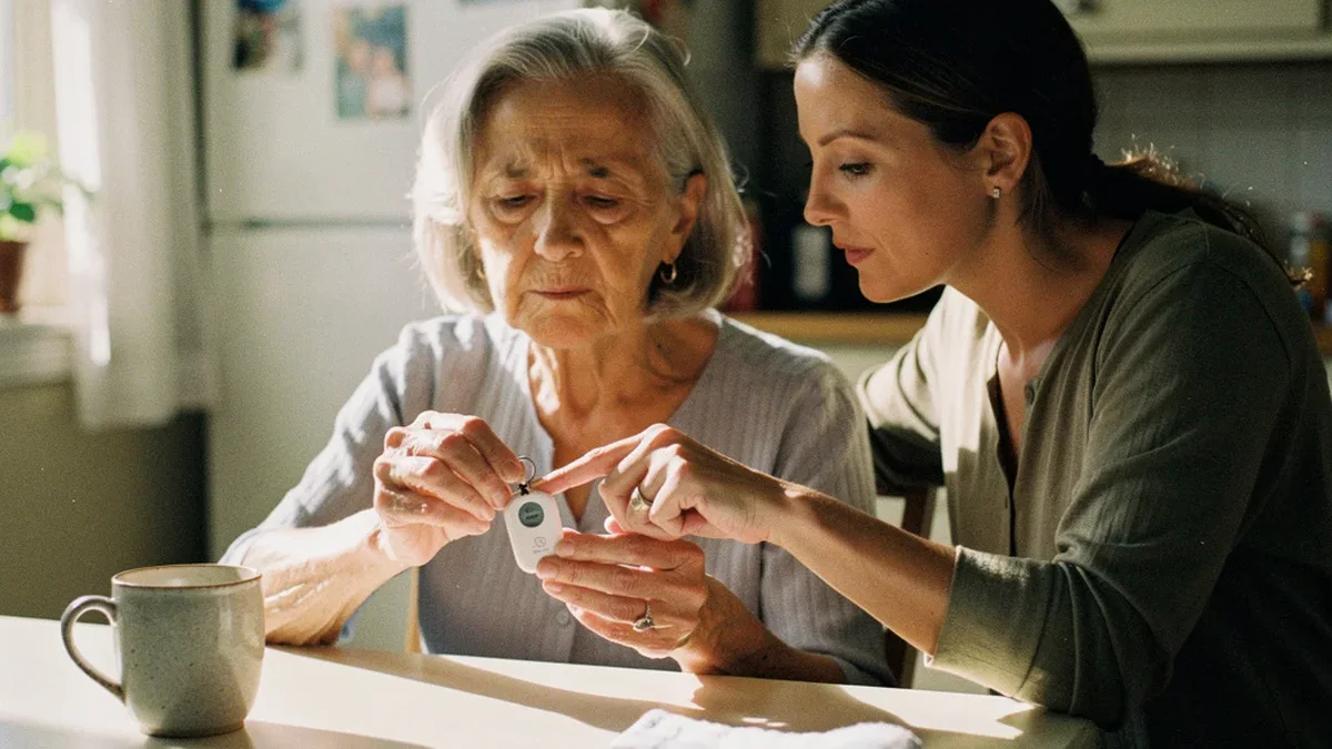 Elderly woman examining a medical alert pendant with her adult daughter at the kitchen table
