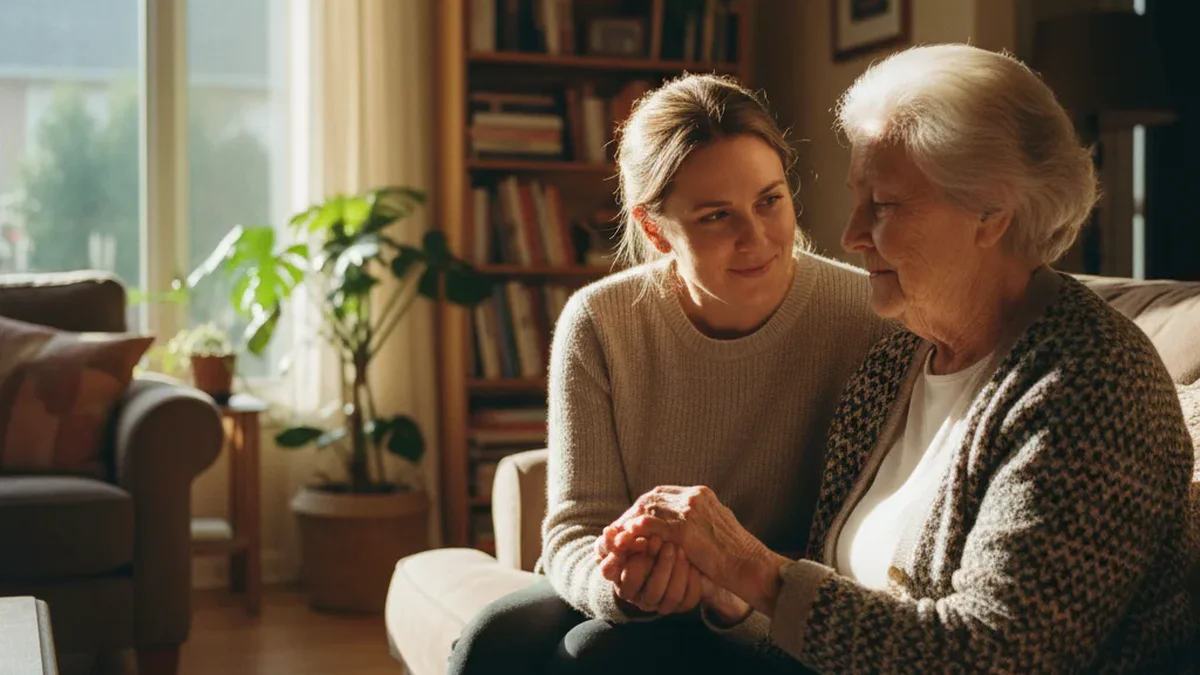 Adult daughter holding her elderly mother's hand, sitting together in a warm, sunlit room in a quiet, tender moment