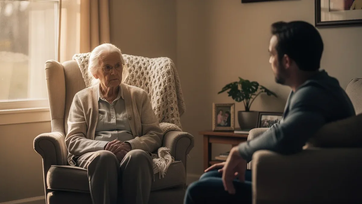 Elderly parent sitting quietly by a window, adult child nearby with a calm and caring presence, warm residential living room with soft afternoon light