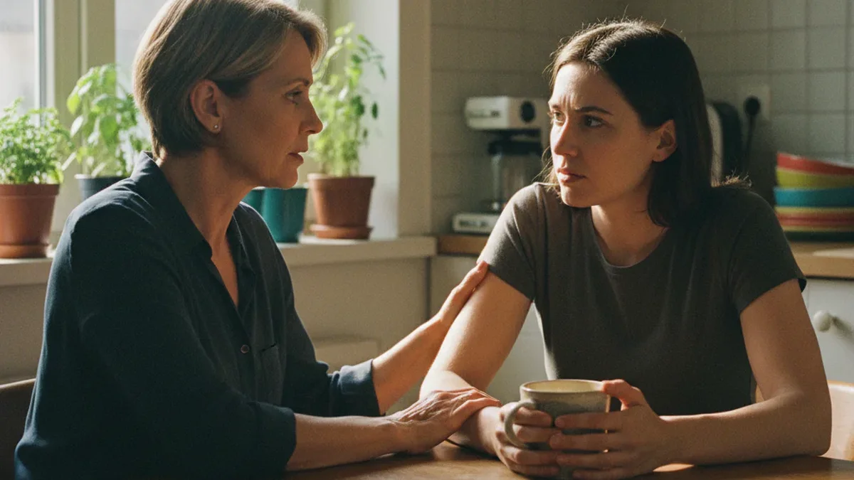 Adult woman in her late 50s at a kitchen table with her adult daughter, warm morning kitchen light, supportive conversation