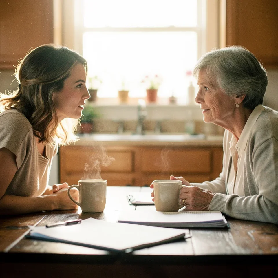 Adult daughter and her mother having a calm, focused conversation at the kitchen table over coffee