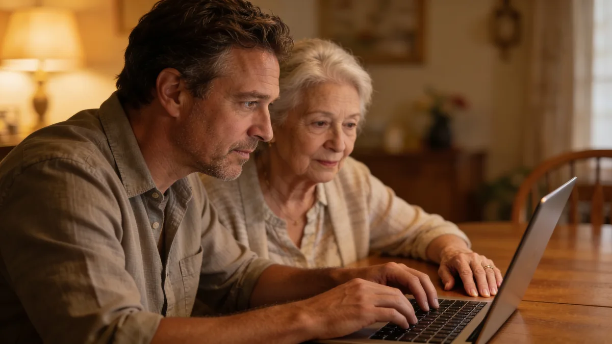 Adult son and elderly mother reviewing care options together on a laptop at home