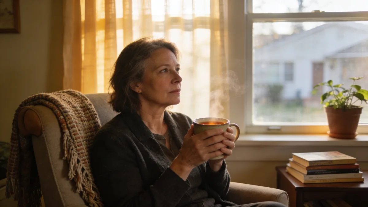 Woman with a cup of tea sitting by a window in a quiet moment, finding a brief pause