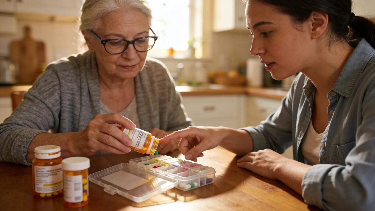 Adult daughter helping her mother sort weekly medications at the kitchen table