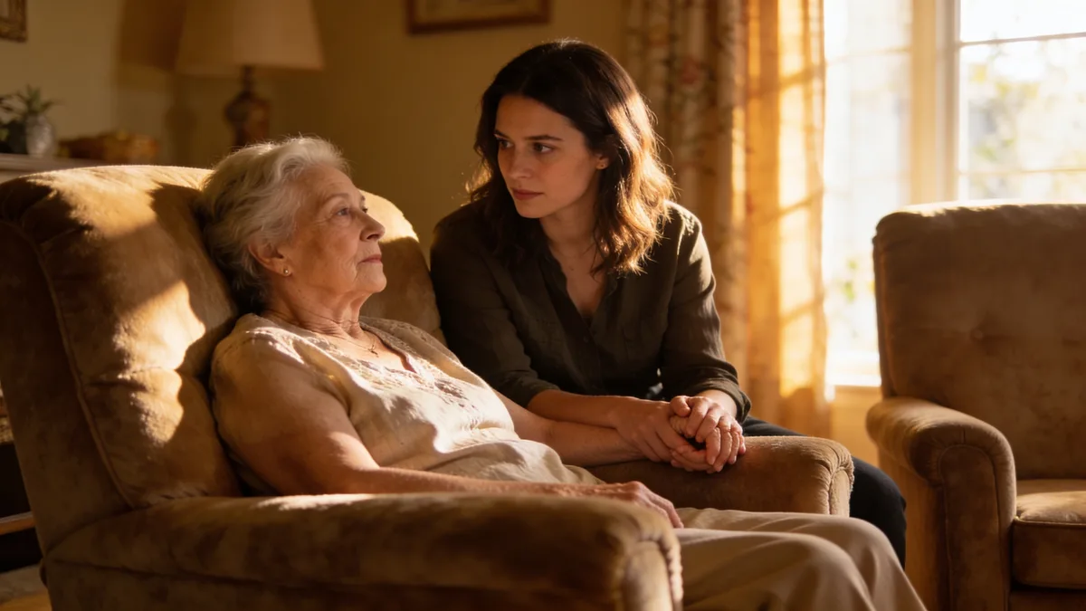 Elderly woman and adult daughter holding hands together, a quiet and tender moment