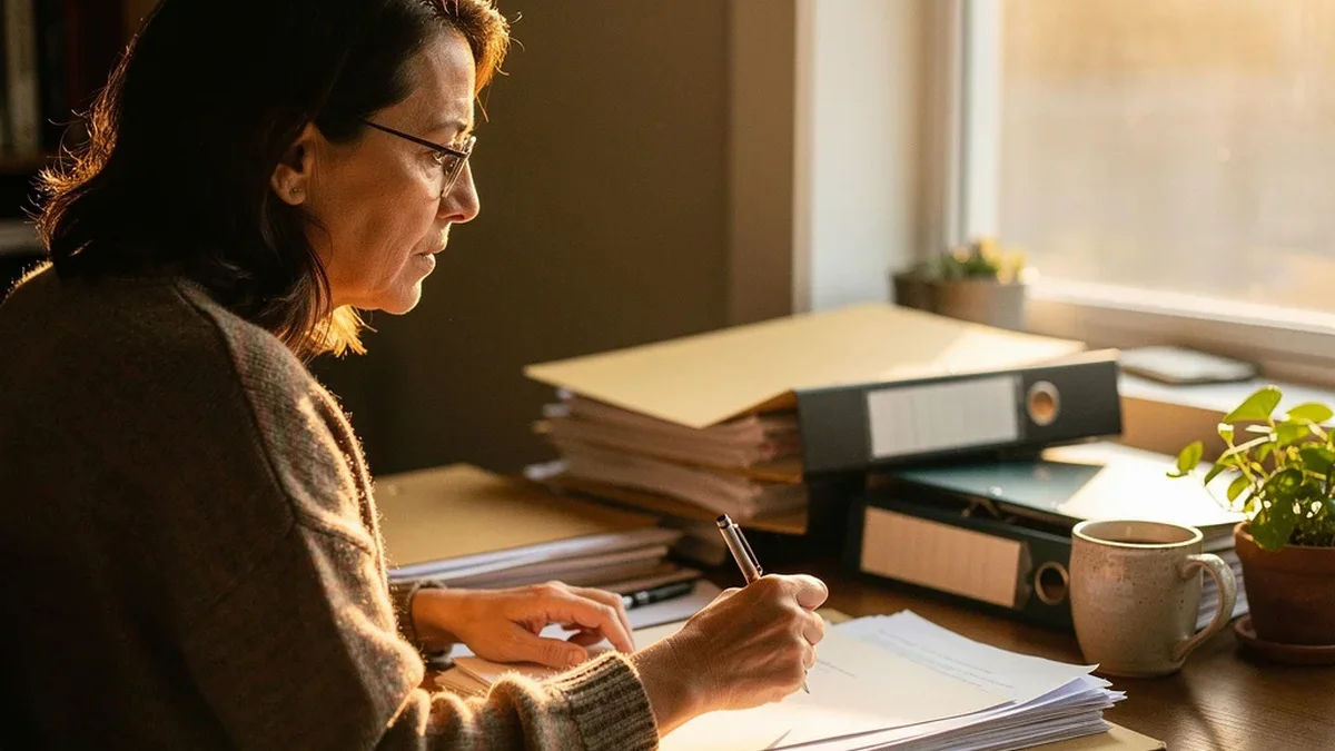 Adult caregiver reviewing financial papers at a desk, organized and focused