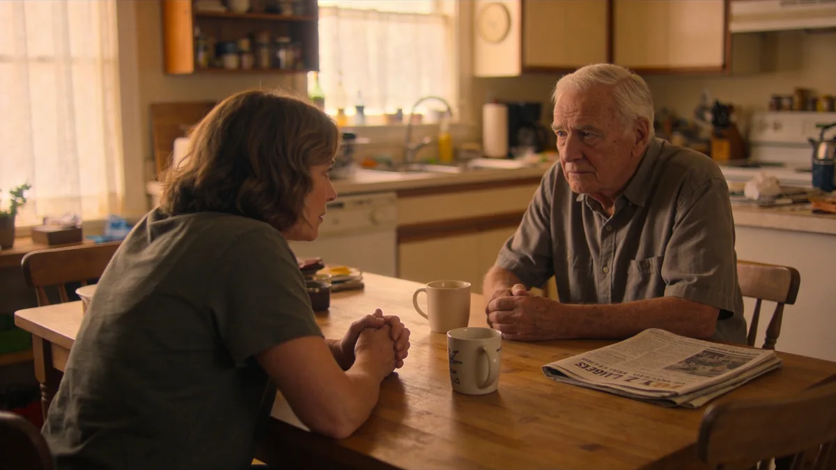 Adult daughter having a careful, important conversation with her elderly father at the kitchen table