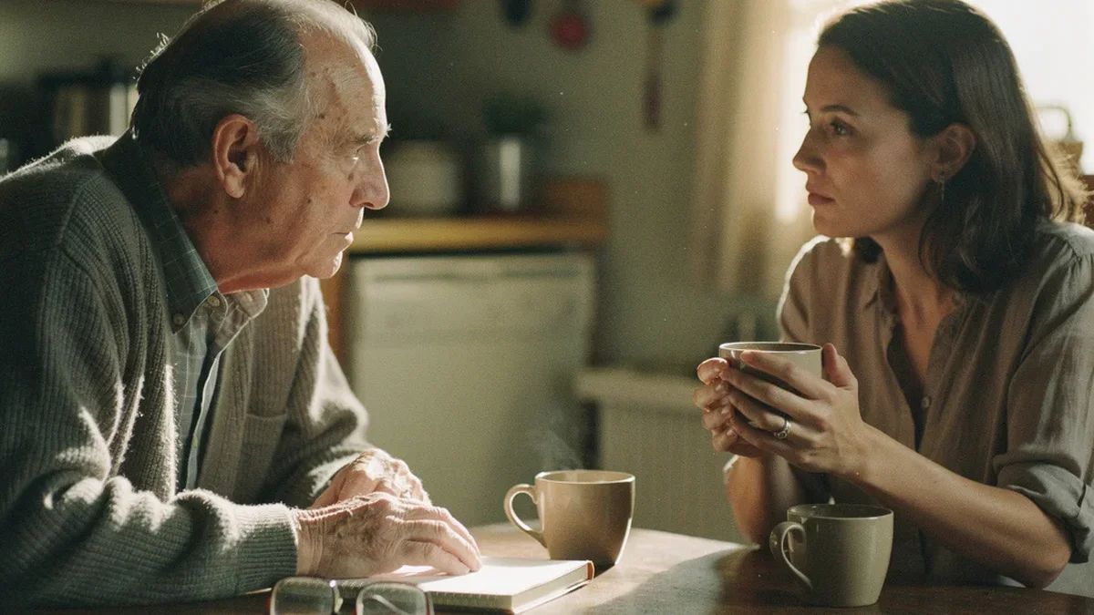 Family member reviewing medical paperwork at a kitchen table, organized and focused
