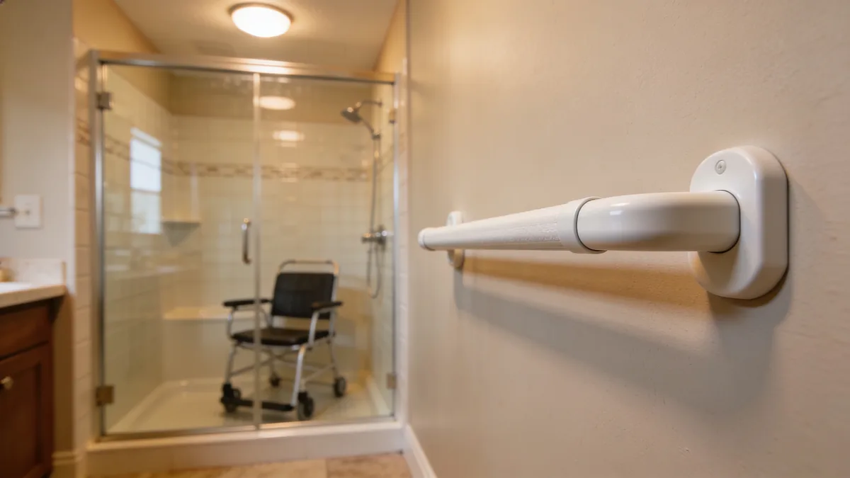Clean residential bathroom with properly installed grab bars near the shower and toilet